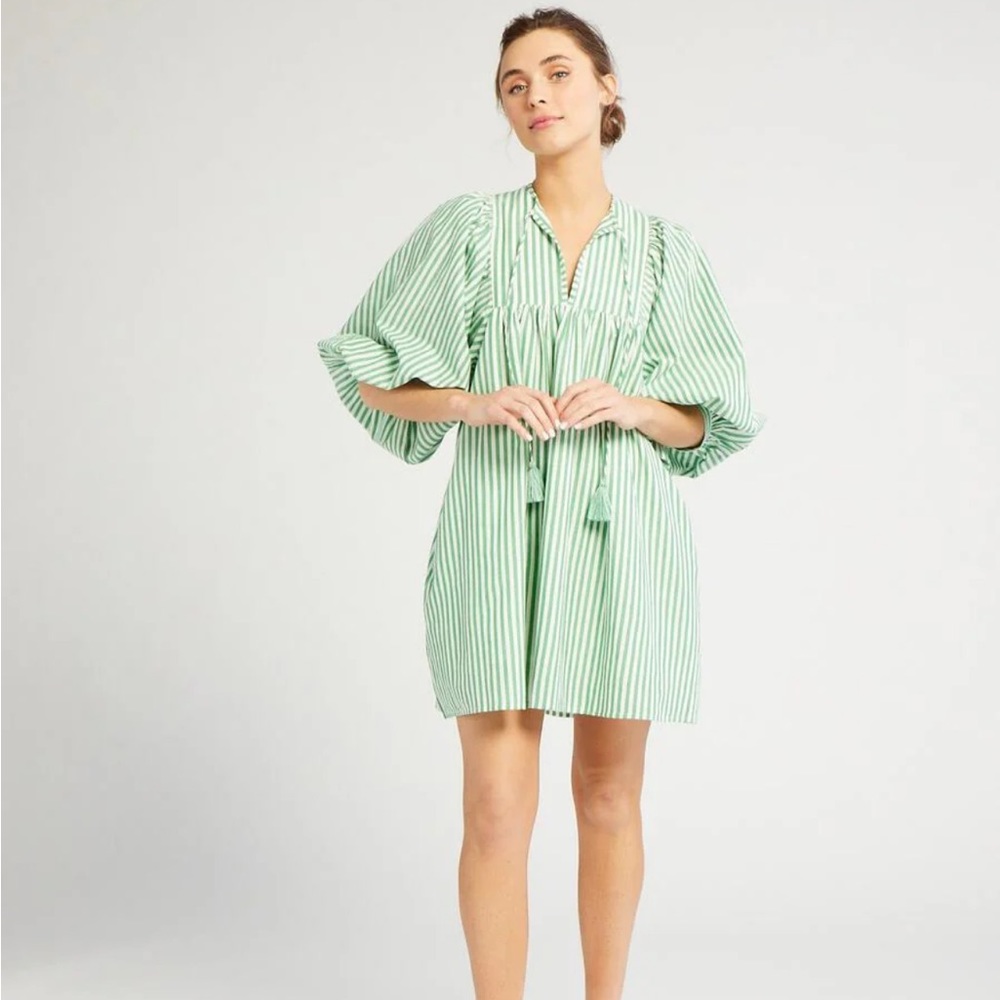 NWT MILLE green and white striped daisy mini dress L